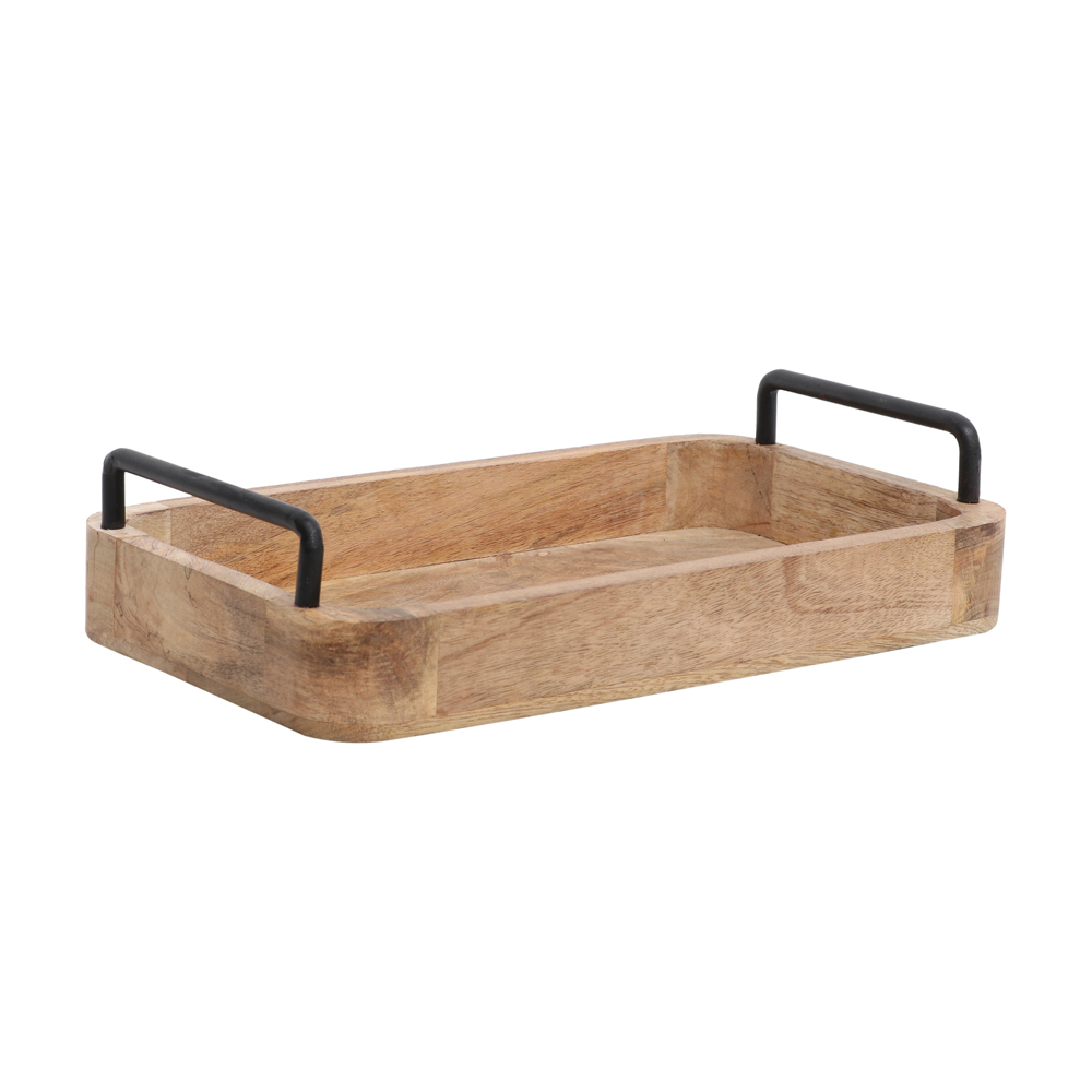 WOODEN SERVING TRAY WITH BLACK HANDLE