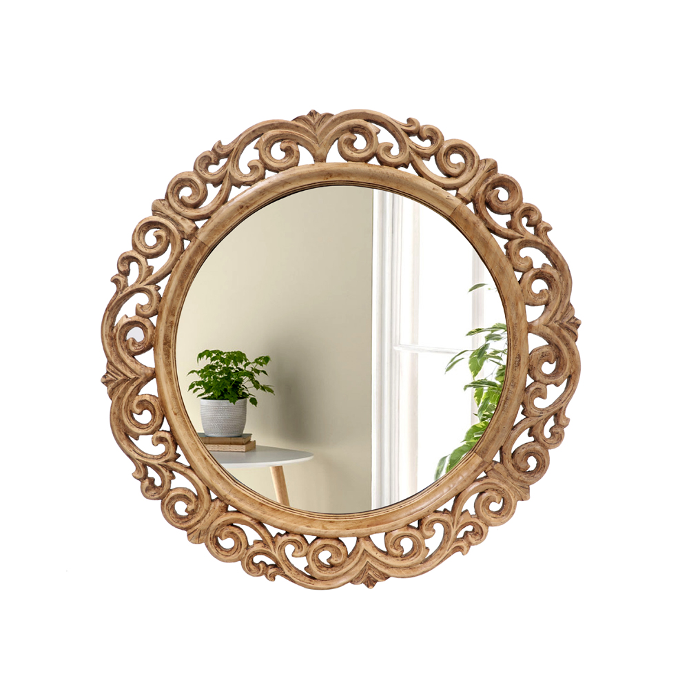 HAND-CARVED WOODEN ROUND WALL MIRROR