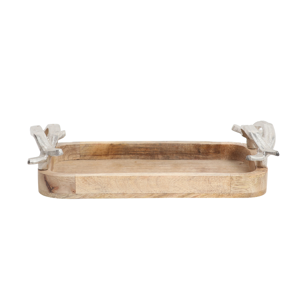 WOODEN TRAY WITH SILVER HANDLE