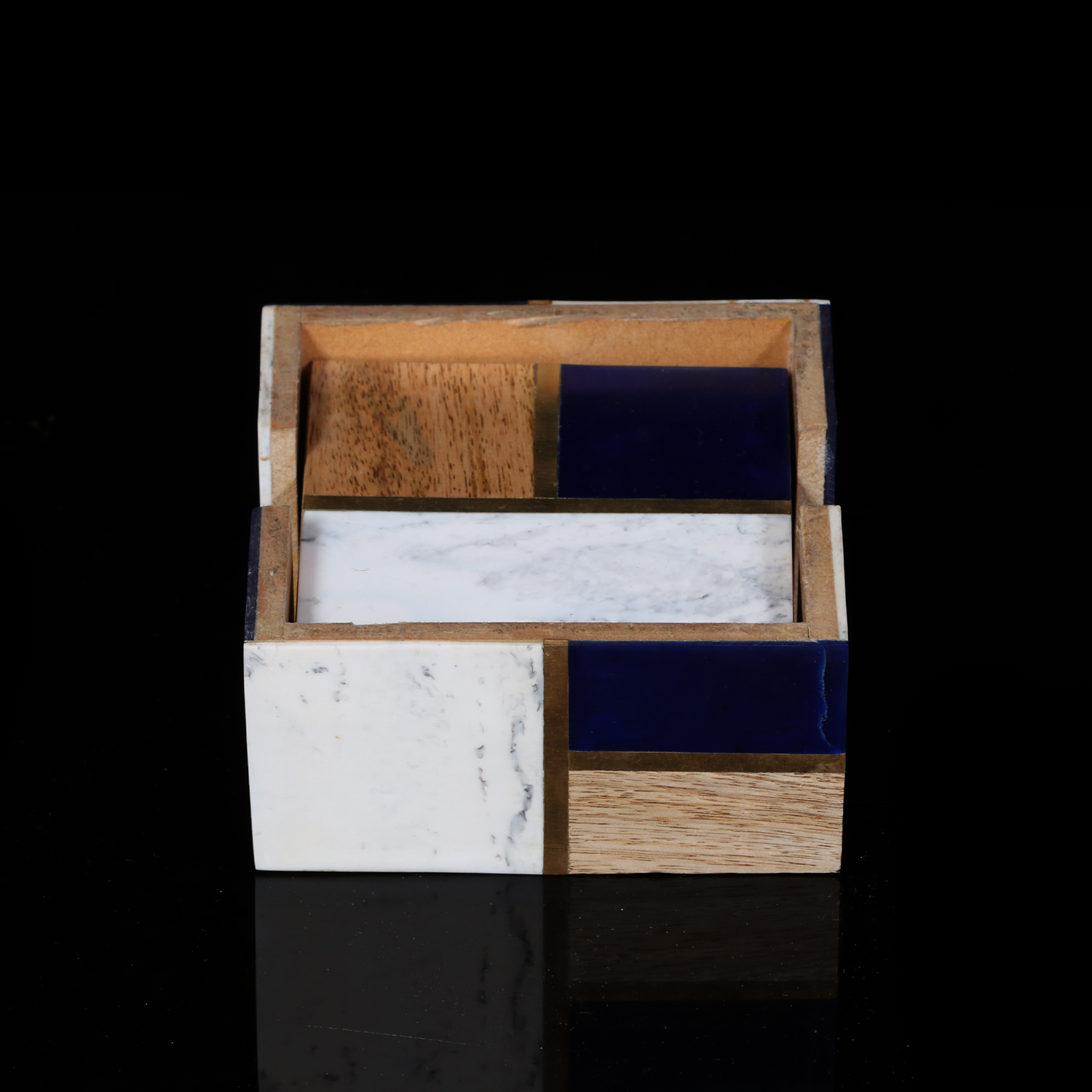 White Marble Blue and Wood Brass Coaster Set