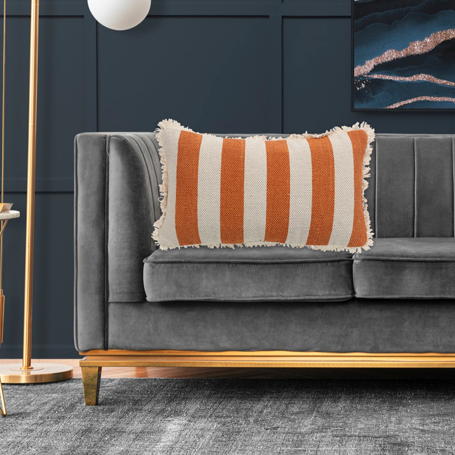 Printed Stripe Dark Orange   Cushions Covers with fringes 12X20 Inch