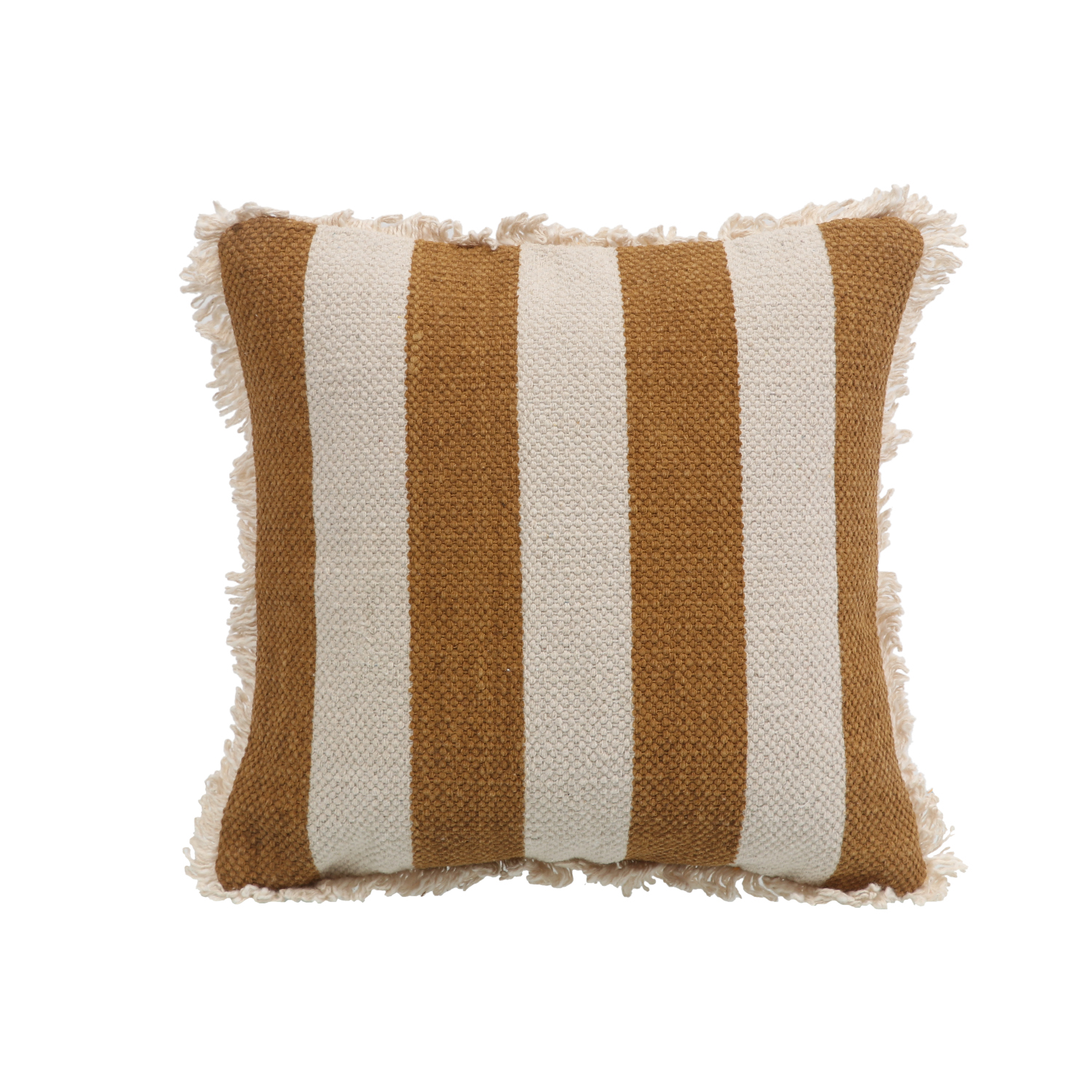 Printed Stripe Light Brown Cushions Covers with fringes 14X14 Inch
