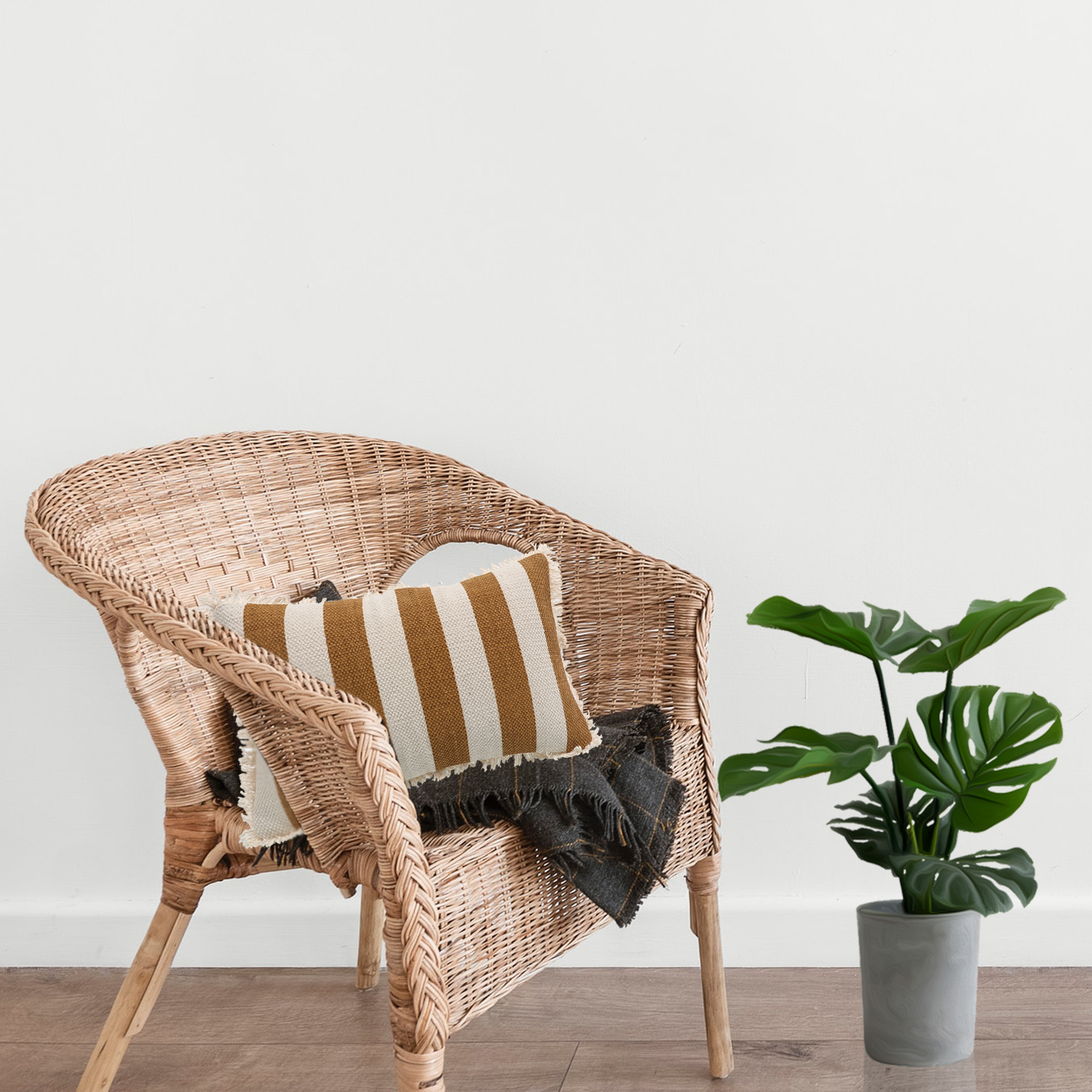 Printed Stripe Light Brown Cushions Covers with fringes 12X20 Inch