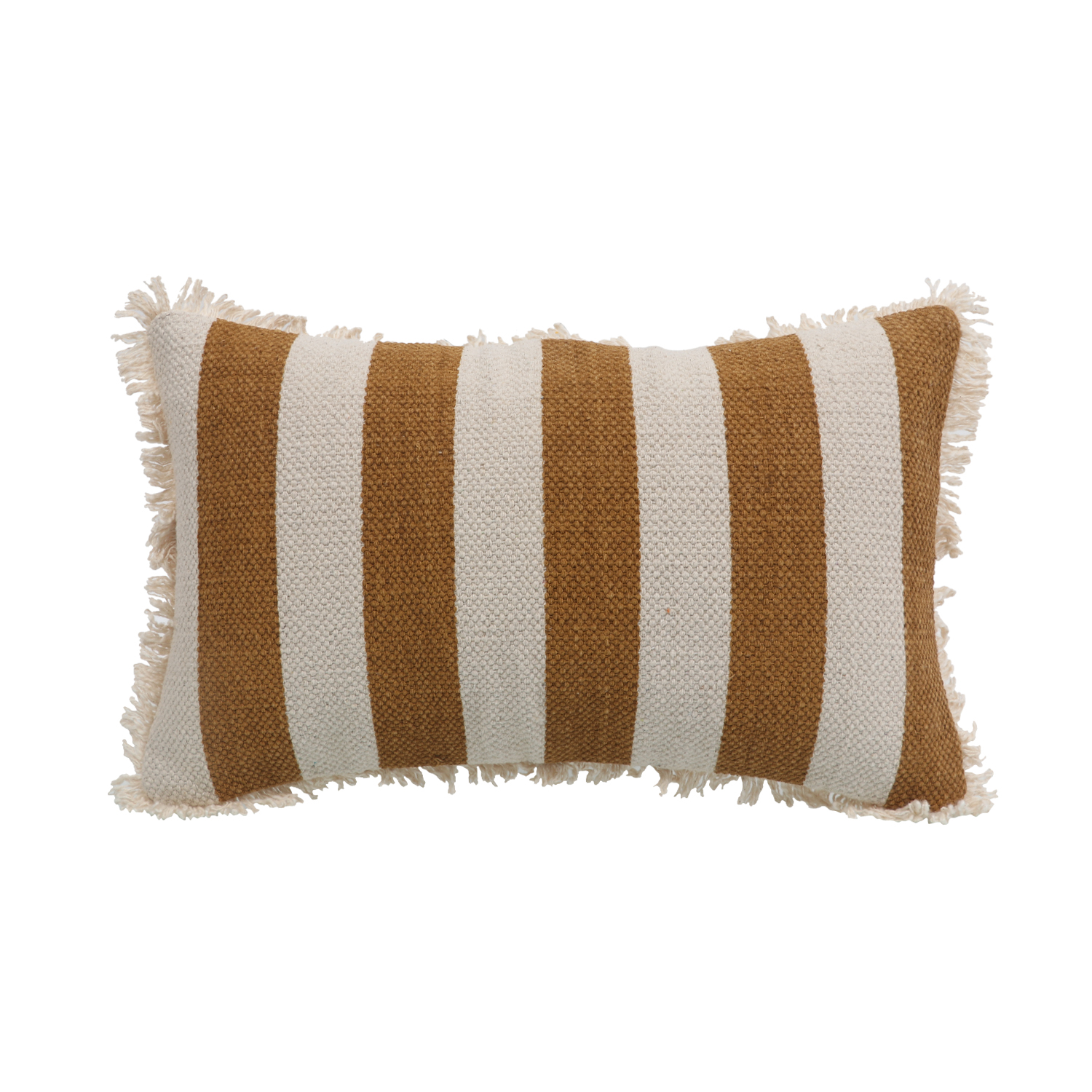 Printed Stripe Light Brown Cushions Covers with fringes 12X20 Inch