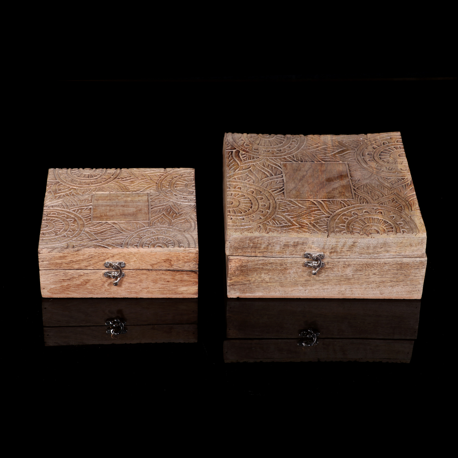 Dark Brown Wood Carved Box Set Of 2