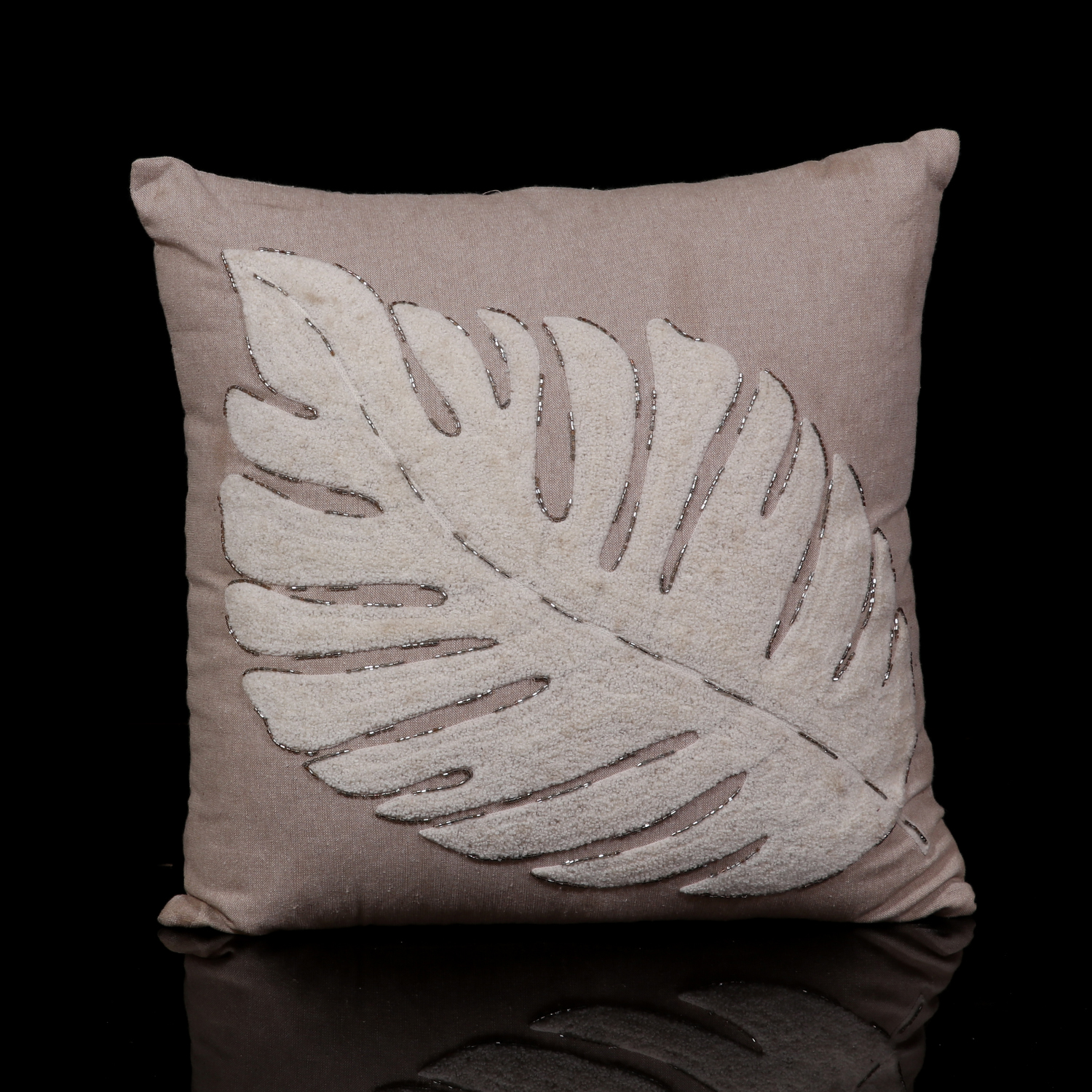 EMBROIDERED LEAF DEISGN PILLOW EMBELLISHED WITH BEADS