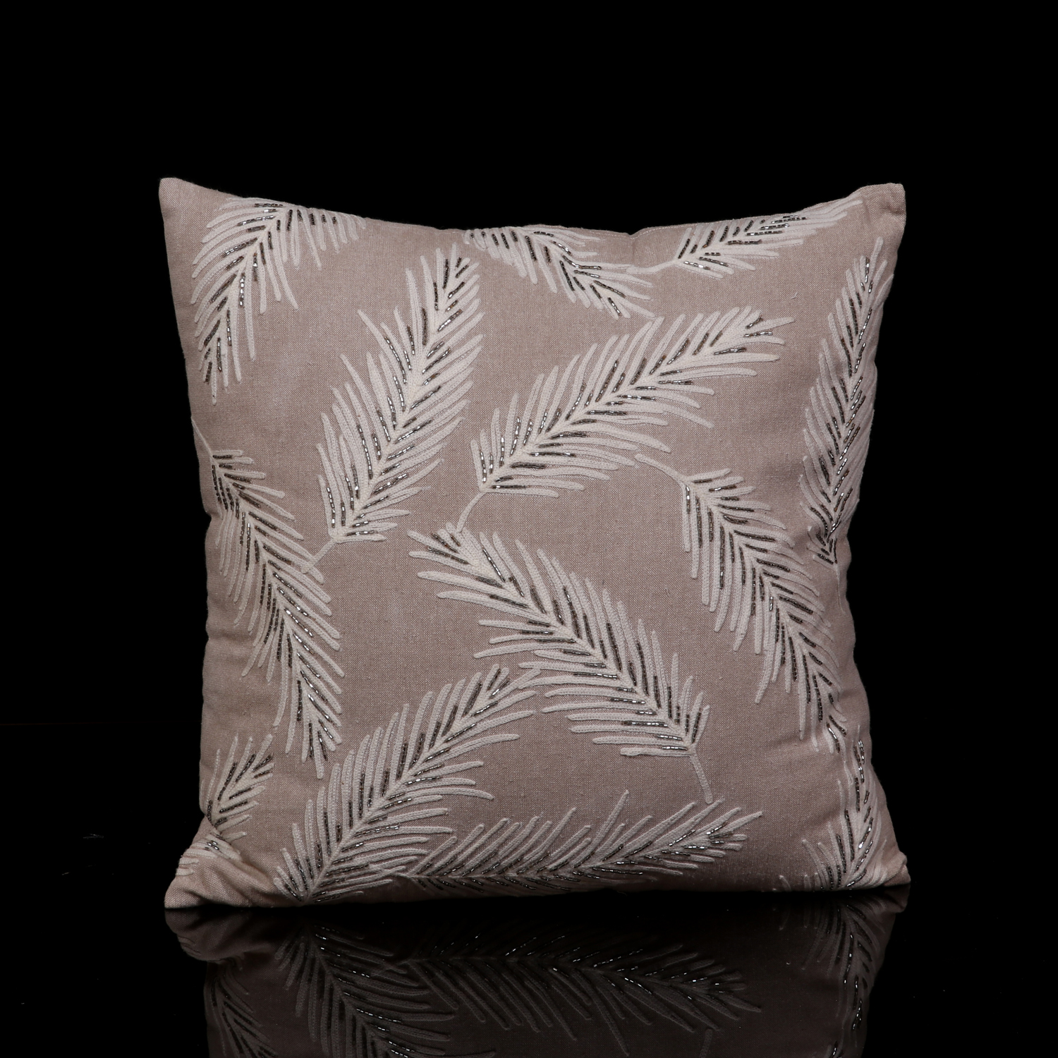 EMBROIDERED SCATTERED FEATHERS DESIGN PILLOW EMBELLISHED WITH BEADS