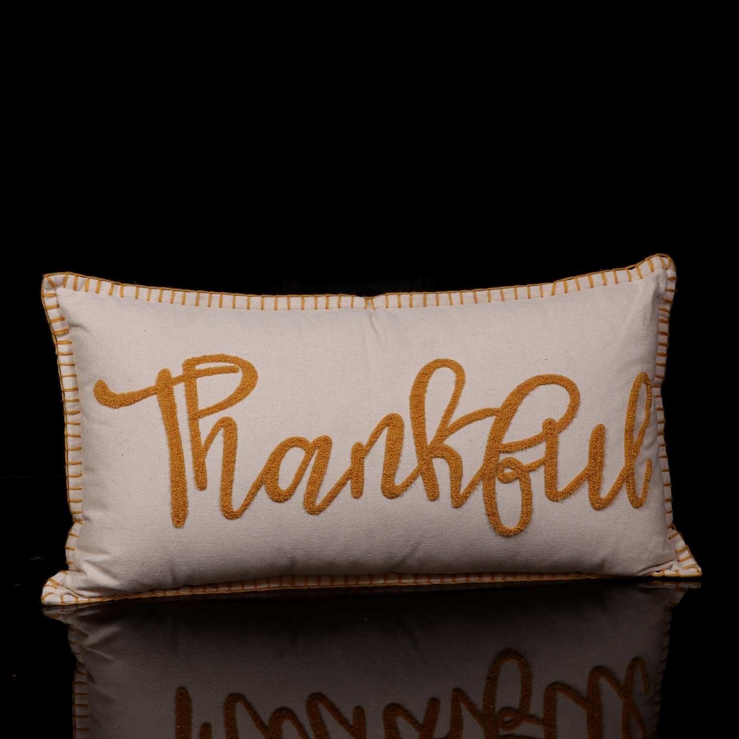 EMBROIDED THANKFUL DESIGN LUMBAR PILLOW WITH HAMMING ON EDGES