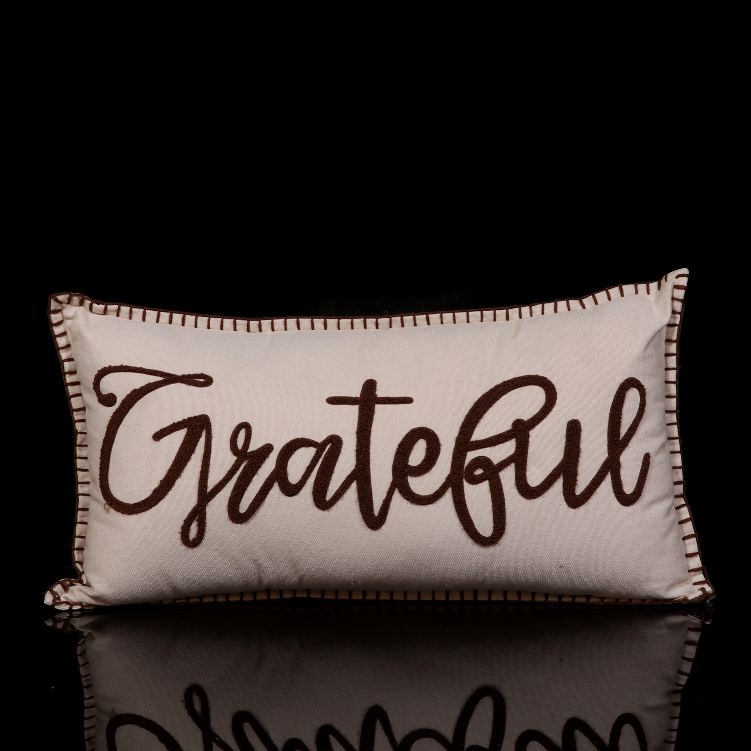 EMBROIDED GRATEFUL DESIGN LUMBAR PILLOW WITH HAMMING ON EDGES