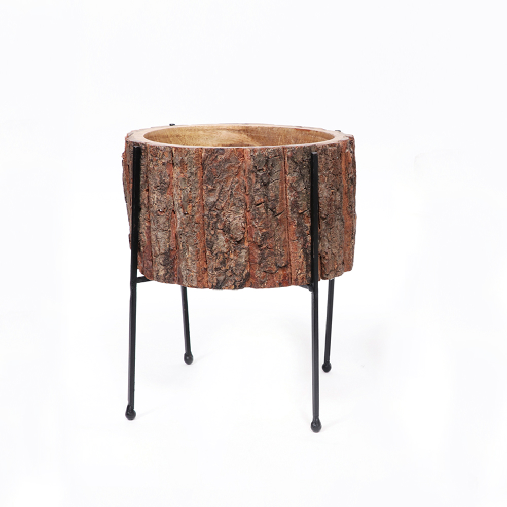 WOODEN ROUND PLANTER WITH IRON STAND
